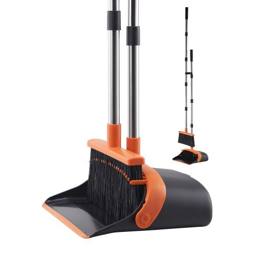 VEVOR Broom and Dustpan Set, Heavy Duty Dustpan and Broom Combo with Self-Cleaning Teeth, Metal Upright Standing Dust Pan with Long Handle, Ideal for