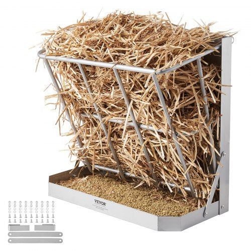 VEVOR Goat Hay Feeder, 21 Gallons Large Capacity, 2 in 1 Hay and Grain Feeder, Wall Mounted Livestock Feeder with Feed Tray, Multiple Sided Goat Hay R