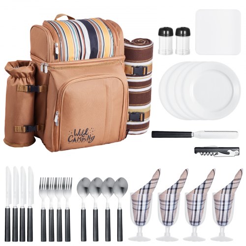 VEVOR Picnic Backpack, Beach Picnic Backpack Bag for 4 Person with Insulated Cooler Compartment, Detachable Bottle-Wine Holder, Lightweight Blanket, P