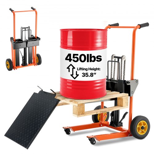 VEVOR Hydraulic Material Lift Winch Stacker, 450 lbs Load Capacity, Pallet Truck Dolly with Fork Lift Table, 35.8 Inches Max Lifting Height, Foldable