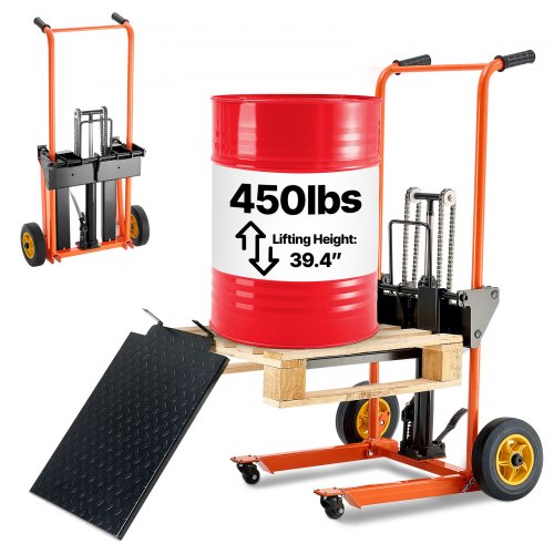 VEVOR Hydraulic Material Lift Winch Stacker, 450 lbs Load Capacity, Pallet Truck Dolly with Fork Lift Table, 39.4 Inches Max Lifting Height, Foldable