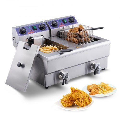 VEVOR Commercial Electric Deep Fryer, 24L 3000W Dual Removable Basket, Stainless Steel Electric Countertop Fryer with Time Control and Oil Filtration,