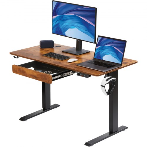 VEVOR Height Adjustable Desk, 47.2 x 23.6 in with Drawer, 3-Key Modes Electric Standing Desk,Whole Piece Desk Board, Dual Metal Frame, 180 LBS Capacit