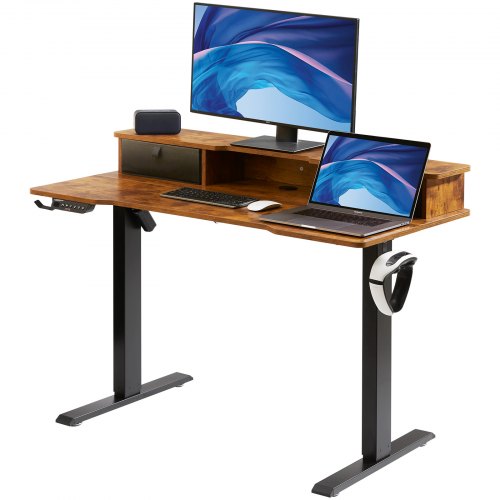 VEVOR Height Adjustable Desk, 47.2" x 23.6" Electric Dual Monitor Riser Workstation, Whole Piece Desk Board Sit to Stand, 3-Key Modes Sturdy Dual Meta