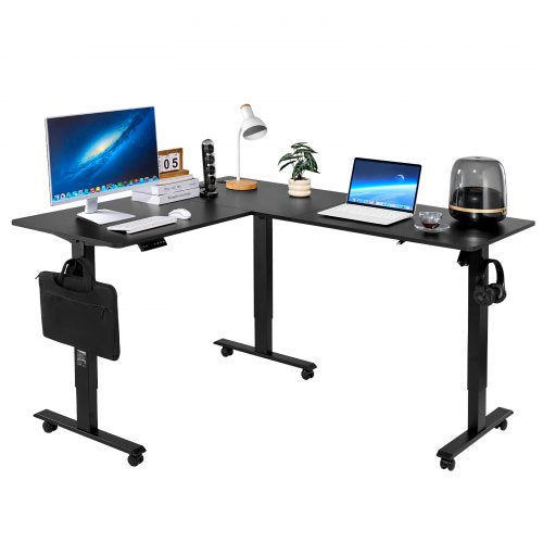 VEVOR L Shaped Desk, Electric Adjustable Height Corner Gaming Desk with Dual Hooks and Wheels, Heavy Duty Carbon Steel L-Shaped Computer Table with Po