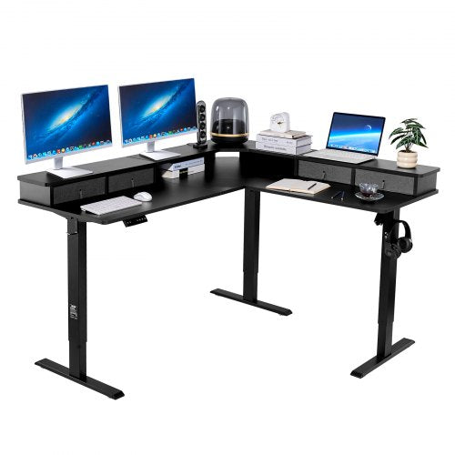 VEVOR L Shaped Desk, Electric Adjustable Height Corner Gaming Desk with CPU Stands, Dual Hooks and Fabric Drawers, L-Shaped Computer Table with Power