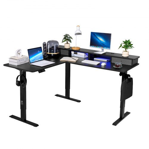 VEVOR L Shaped Desk, Electric Adjustable Height Corner Gaming Desk with CPU Stand, Dual Hooks and Fabric Drawers, L-Shaped Computer Table with Light S