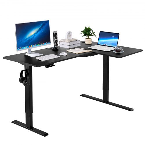 VEVOR L Shaped Desk, Electric Adjustable Height Corner Gaming Desk with Dual Hooks, Heavy Duty Carbon Steel L-Shaped Computer Table with Power Strip f