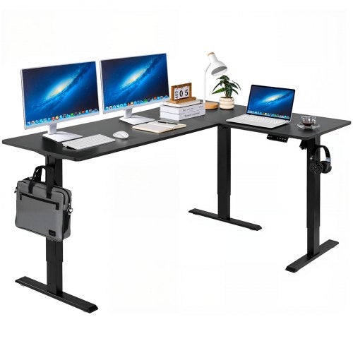 VEVOR L Shaped Desk, Electric Adjustable Height Corner Gaming Desk with Dual Hooks, Heavy Duty Carbon Steel L-Shaped Computer Table with Power Outlets