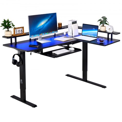 VEVOR L Shaped Desk, Electric Adjustable Height Corner Gaming Desk with Keyboard Tray and Dual Hooks, Heavy Duty L-Shaped Computer Table with Light St