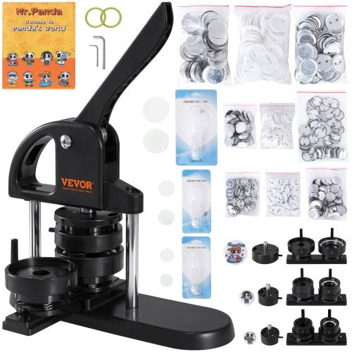 VEVOR Button Maker, 1-1.25-2.28 inch(25-32-58mm) 3-IN-1 Pin Maker, with 300pcs Button Parts, Button Maker Machine with Panda Magic Book, Ergonomic Arc