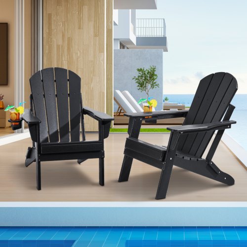 VEVOR Adirondack Chair Plastic, Set of 2 All-Weather Portable Folding Fire Pit Chair, Outdoor Adirondack Patio Chair with Cup Holder, with Relaxing Ar