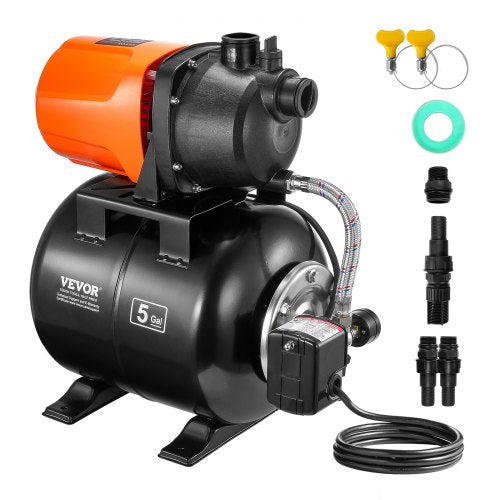 VEVOR 1 HP Shallow Well Pump with Pressure Tank, 1000 GPH-3700 L-H, Automatic Irrigation Water Booster Pump with 164 ft Lift 20-40 PSI Pressure Switch