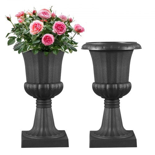 VEVOR Plastic Urn Planters, 25 x 42 cm, 2 Pack Black Classic Flower Pots Front Porch Planters, Indoor & Outdoor Vase for Wedding, Party, Event, Home,