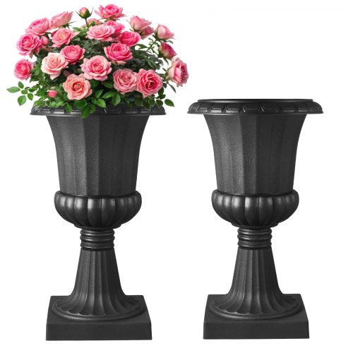 VEVOR Plastic Urn Planters, 40 x 67 cm, 2 Pack Black Classic Flower Pots Front Porch Planters, Indoor & Outdoor Vase for Wedding, Party, Event, Home,
