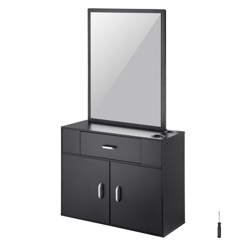 VEVOR Salon Organizer, Wall-Hanging Unit for Hairdressers, Complete with 3 Holders, Mirror, Dual-Door Storage, and Single Drawer, Black