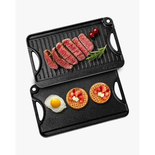 VEVOR Reversible Grill-Griddle, 14x8.5 inch Pre-Seasoned Cast Iron Griddle, Portable Rectangular Pan with Handle, Family Cookware for Indoor-Outdoor S