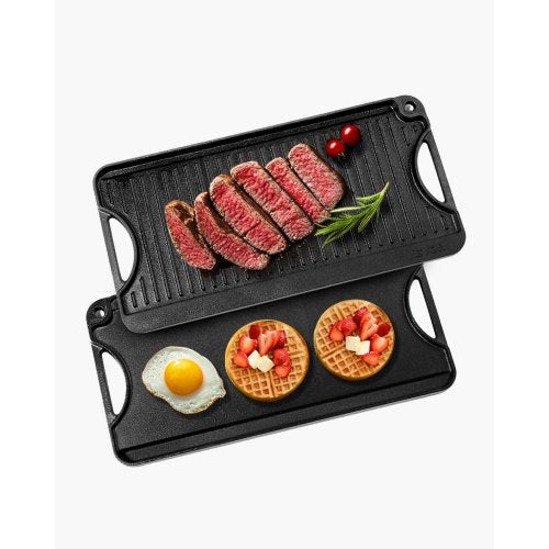 VEVOR Reversible Grill-Griddle, 20x10 inch Pre-Seasoned Cast Iron Griddle, Portable Rectangular Pan with Handle, Family Cookware for Indoor-Outdoor St