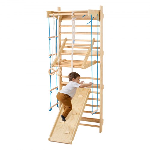 VEVOR Swedish Ladder Wall Gym, 8-in-1 15 Levels Solid Wood Wall Stall Bars, 220LBS Indoor Jungle Gym Climbing Playset with Wall Ladder, Slide Board, P