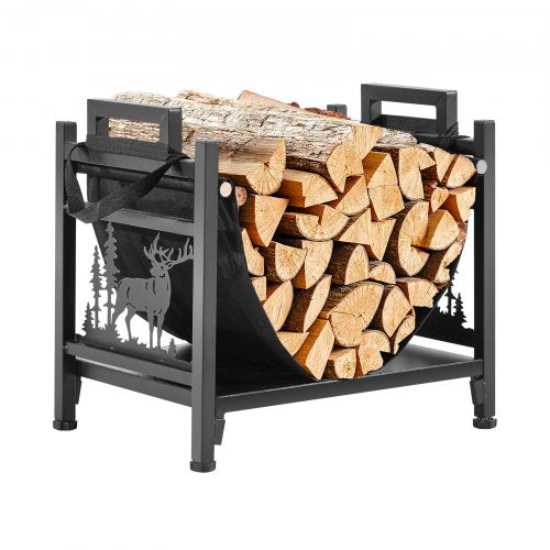 VEVOR Indoor Firewood Rack, 45cm Curved Log Holder with Canvas Carrier, 18kg Weight Capacity Wood Storage Stand, Powder-Coated Steel Firewood Holder,