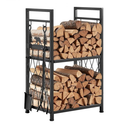 VEVOR Indoor Firewood Rack, 1.3 ft 2-Tier Firewood Holder with Fireplace Tools, Brush, Shovel, Poker, Tongs, Heavy Duty Log Wood Rack, 400 lbs Weight