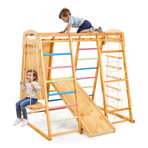 VEVOR Indoor Playground Jungle Gym, 7-in-1 Wooden Indoor Playground for Kids, 250LBS Montessori Climbing Toys Playset with Swing, Monkey Bar, Slide, W