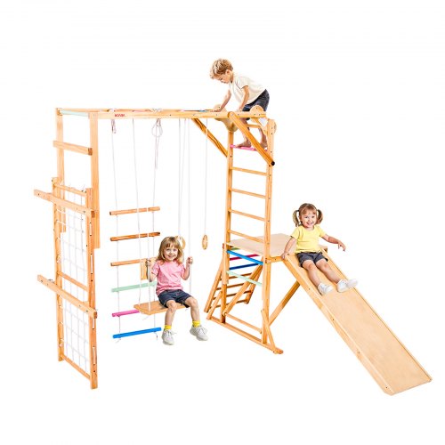 VEVOR Indoor Playground Jungle Gym, 8-in-1 Wooden Indoor Playground Playset, 220LBS Loading Montessori Climbing Toys with Swing, Slide, Monkey Bar, Gy