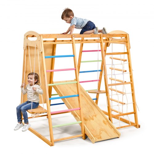VEVOR Indoor Playground Jungle Gym, 9-in-1 Montessori Climbing Toys for Toddlers, 250LBS Wooden Indoor Playground Playset with Monkey Bar, Swings, Sli
