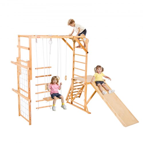 VEVOR Indoor Playground Jungle Gym, 8-in-1 Wooden Indoor Playground for Kids, 220LBS Montessori Climbing Toys Playset with Slide, Swing, Monkey Bar, G