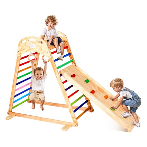 VEVOR Indoor Playground Jungle Gym, 4-in-1 Wooden Indoor Playground Playset with Climbing Rock, Slide, Wooden Ladder & Gym Rings, Montessori Style Pla