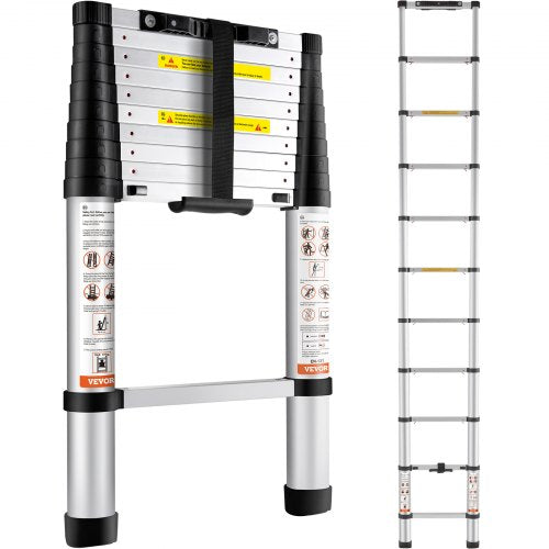 VEVOR Telescoping Ladder, 10.5 FT Aluminum One-button Retraction Collapsible Extension Ladder, 375 LBS Capacity w- Non-slip Feet, Portable Multi-purpo