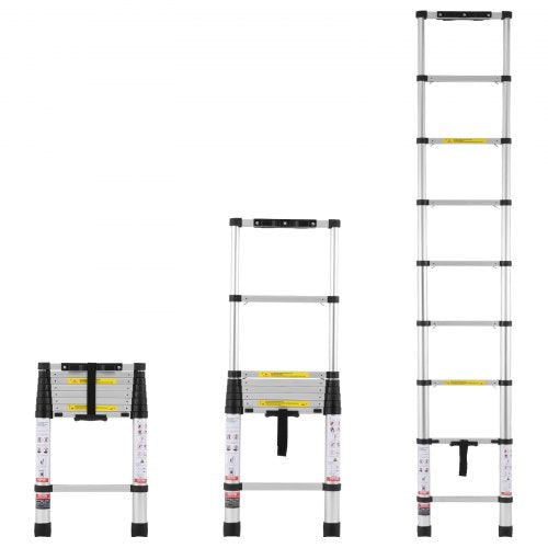 VEVOR Telescoping Ladder, 8.5FT Aluminum Lightweight Extension Ladder, One-button Retraction Collapsible Ladder, 375 LBS Capacity with Non-slip Feet,