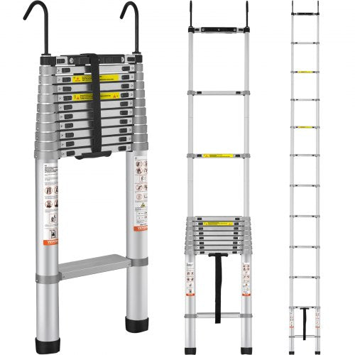 VEVOR Telescoping Ladder, 15 FT Aluminum One-button Retraction Collapsible Extension Ladder, 400 LBS Capacity with Non-slip Feet, Portable Multi-purpo
