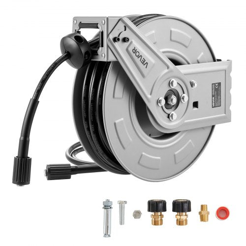 VEVOR Pressure Washer Hose Reel, 65 ft x 1-4 inch Retractable Power Heavy-Duty Steel Washer Hose Reel, 3200PSI Max, Auto-Rewinding, Flexible Wall-Floo
