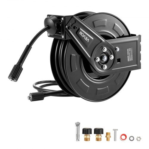 VEVOR Pressure Washer Hose Reel, 60 ft x 1-4 inch Retractable Power Heavy-Duty Steel Washer Hose Reel, 4000PSI Max, Auto-Rewinding, Flexible Wall-Floo