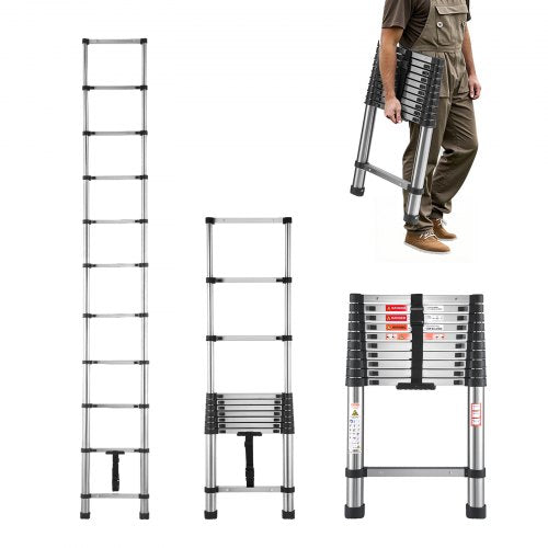 VEVOR Telescoping Ladder, 3140mm Stainless Steel Lightweight Extension Ladder, Multi-Button Retraction Collapsible Ladders, 150 kg Capacity & Non-Slip