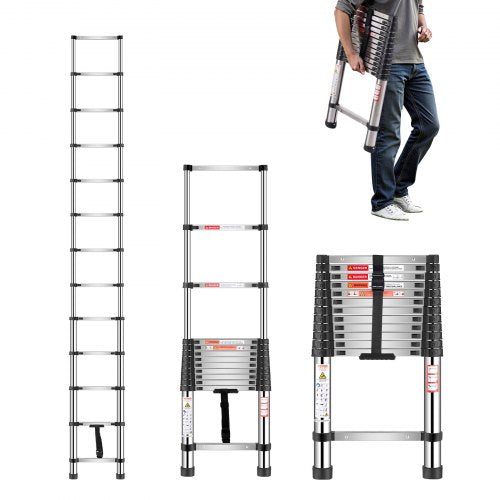 VEVOR Telescoping Ladder, 3740mm Stainless Steel Lightweight Extension Ladder, Multi-Button Retraction Collapsible Ladders, 150 kg Capacity & Non-Slip