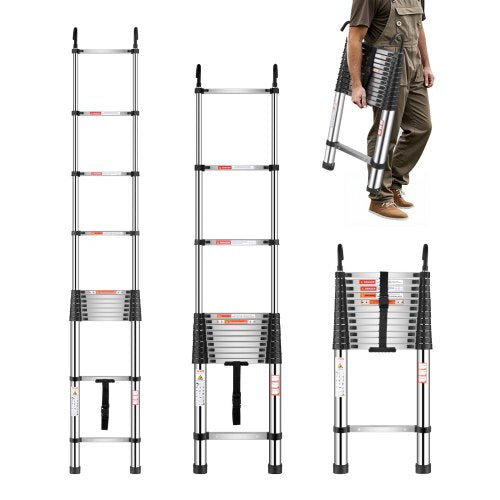 VEVOR Telescoping Ladder, 5030mm Stainless Steel Lightweight Extension Ladder, Multi-Button Retraction Collapsible Ladders, 150 kg Capacity & Non-Slip