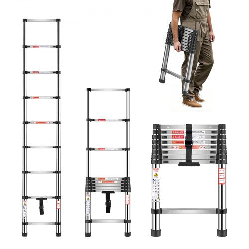 VEVOR Telescoping Ladder, 2540mm Stainless Steel Lightweight Extension Ladder, Multi-Button Retraction Collapsible Ladders, 150 kg Capacity & Non-Slip