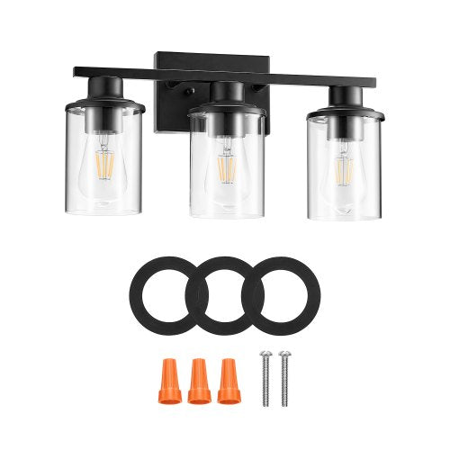 VEVOR 3-Light Bathroom Light Fixtures, Modern Vanity Light Fixture over Mirror, Bathroom Wall Sconce Lamp with Clear Glass Shade, E26 Ceramic Socket f