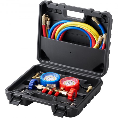 VEVOR 3-Way AC Diagnostic Manifold Gauge Set Fits for R134A, R22, R12, R502 Refrigerant, AC Gauge Set with 152 cm Hoses, Couplers, Can Tap for Car A-C