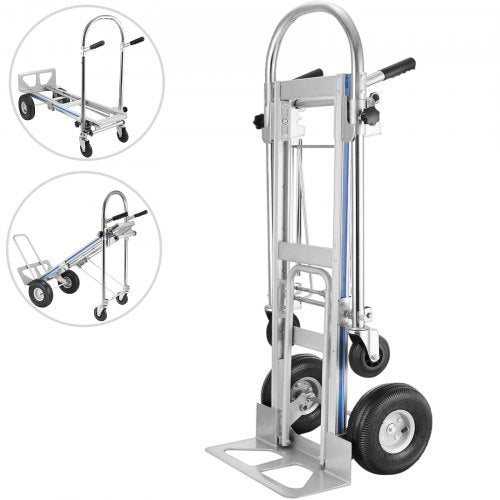 VEVOR 3 in 1 Aluminum Hand Truck 770Lbs-350Kg Capacity Folding Aluminum Alloy Cart Dolly Utility Cart Trolley Heavy Duty with 2 or 4 Flat Free Wheels