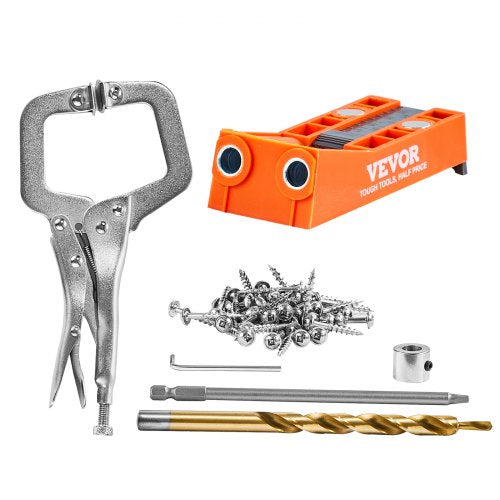VEVOR Pocket Hole Jig, 56 Pcs Mini Jig Pocket Hole System with 9" C-clamp, Step Drill, Wrench, Drill Stop Ring, Square Drive Bit, and Screws, for DIY 