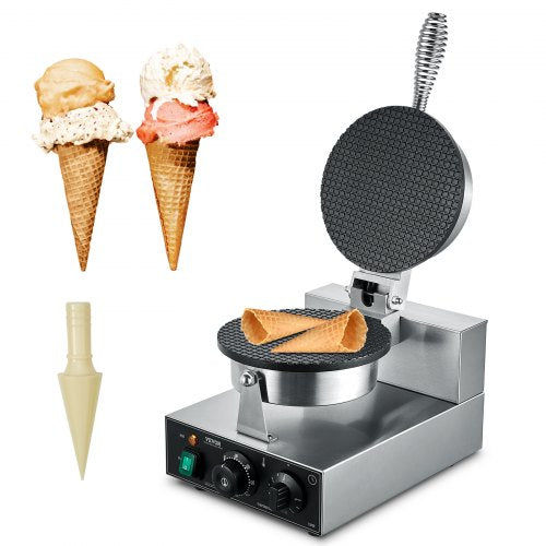 VEVOR Electric Ice Cream Cone Maker, Commercial 1230W Waffle Cone Machine, Non-Stick Stainless Steel Egg Roll Mold, with Temperature and Time Control,