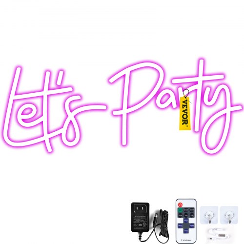 VEVOR Let's Party Neon Sign, 23"X10" Neon Sign for Wall Decor, Adjustable Brightness Pink Neon Light Sign with Remote Control and Power Adapter, for P