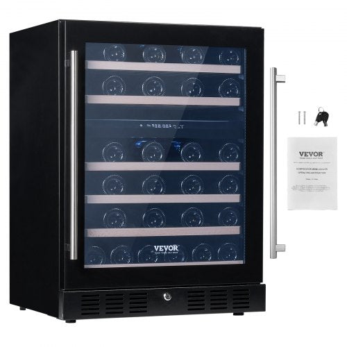 VEVOR Wine Cooler, 46 Bottles Under Counter Built-in or Freestanding Wine Refrigerator, Dual Zone Beverage Cooler with Blue LED Light, Single Door, Ch
