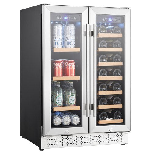 VEVOR Wine and Beverage Refrigerator, 24 in Dual Zone Wine Cooler, Built-in & Freestanding Fridge with Glass Doors, Adjustable Shelves, Digital Temper