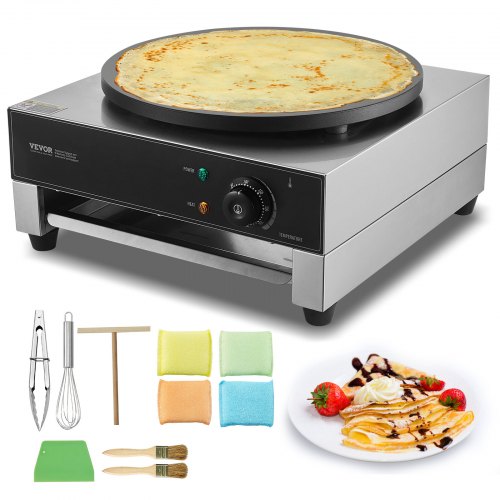 VEVOR Electric Crepe Maker, 16-Inch Commercial Crepe Machine, 1700W Flat Plate Crepe Griddle, Nonstick Stainless Steel Pancake Making Machine, Desktop