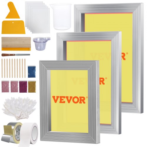 VEVOR Screen Printing Kit, 3 Pieces Aluminum Silk Screen Printing Frames 6x10-8x12-10x14inch 110 Count Mesh, 5 Glitters and Screen Printing Squeegees 