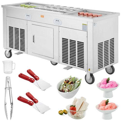 VEVOR Fried Ice Cream Roll Machine, 2Pcs 17.7" x 17.7" Square Stir-Fried Ice Cream Pans, Stainless Steel Commercial Rolled Ice Cream Maker with Compre